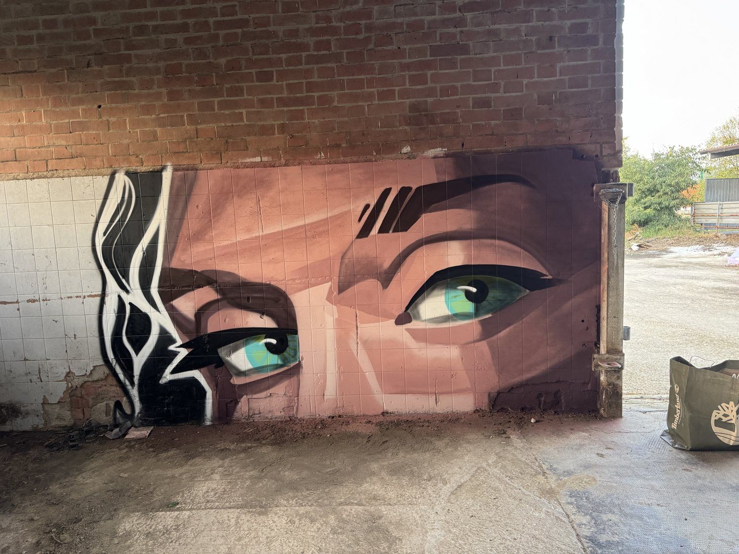 Large green eyes painted on a tiled wall