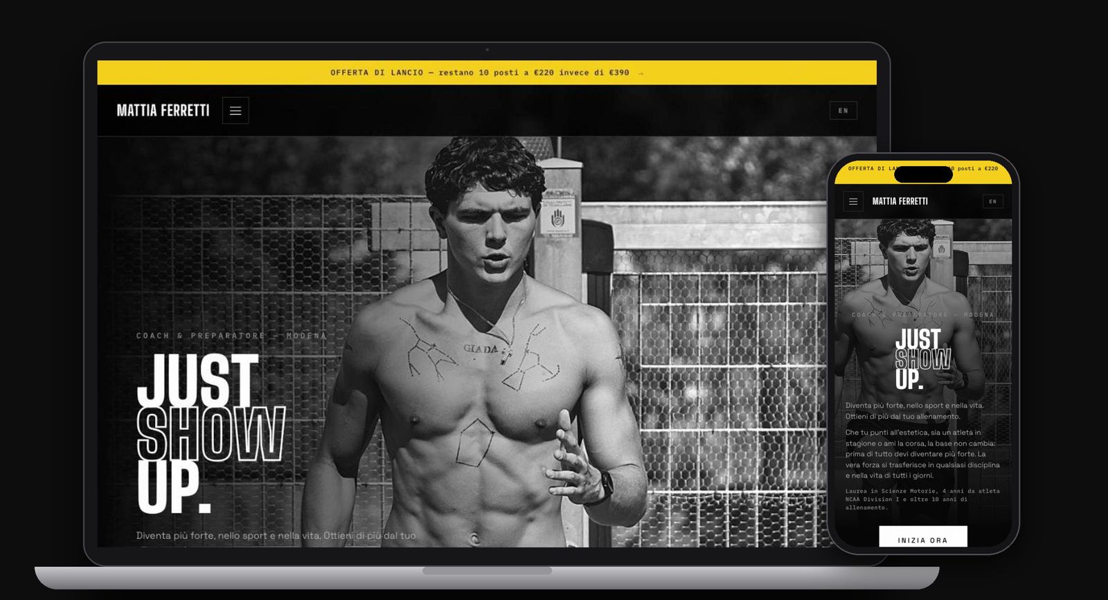 Mockup of Mattia Ferretti's website on laptop and smartphone
